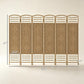 Natural 6-panel folding room divider privacy screen with dimensions on light background