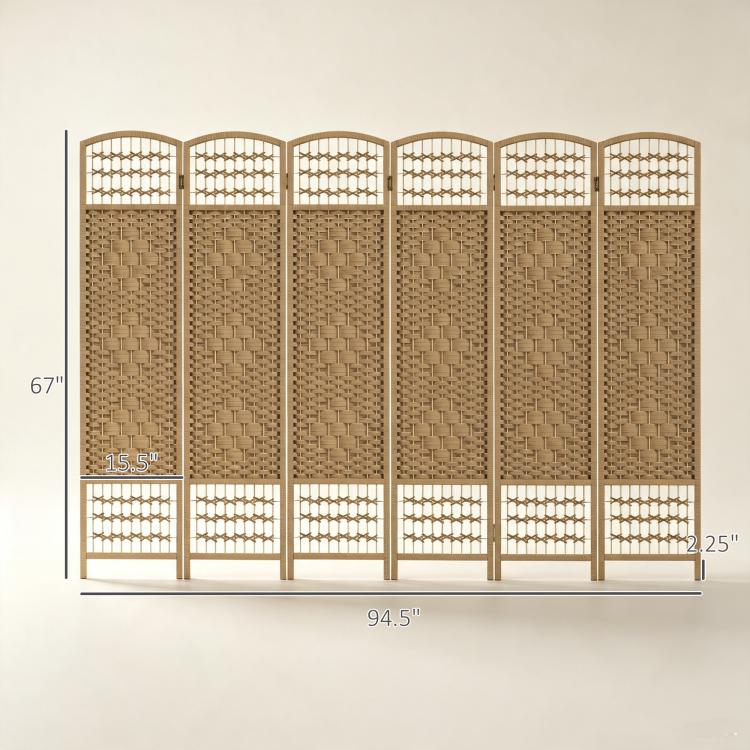 Natural 6-panel folding room divider privacy screen with dimensions on light background