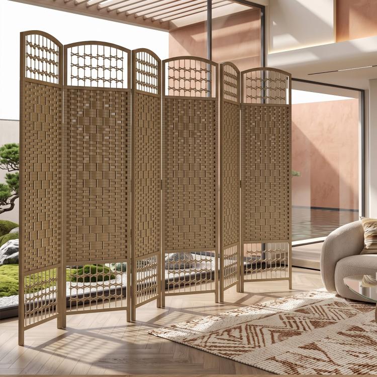 Natural 6-panel folding room divider with arched lattice tops in modern lounge setting