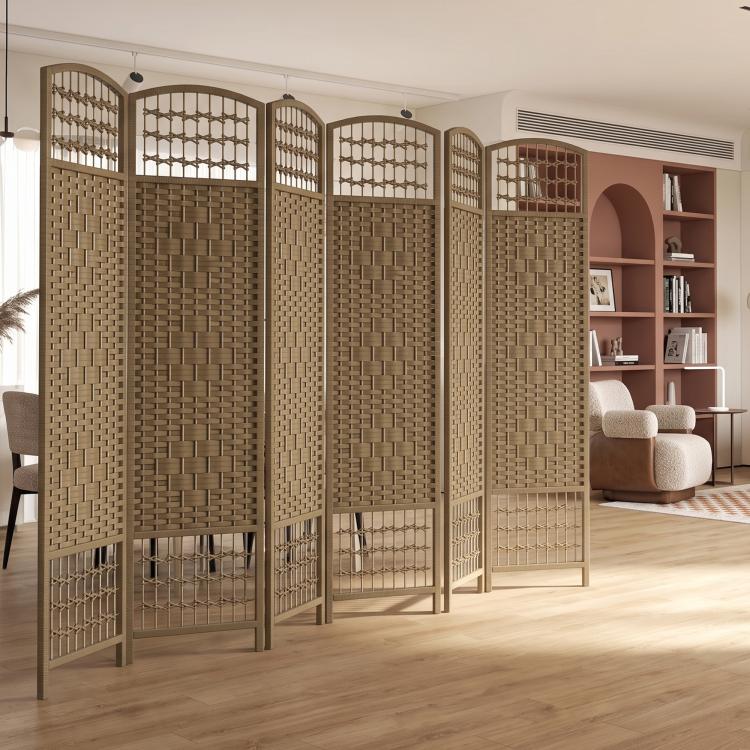 Natural 6-panel folding privacy screen partition with woven lattice panels in office room