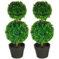 Artificial boxwood ball topiary set of two green pom-pom trees in black pots