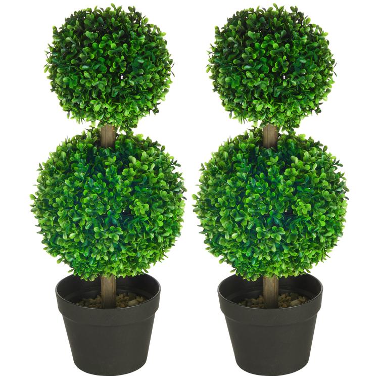 Artificial boxwood ball topiary set of two green pom-pom trees in black pots