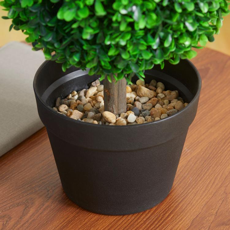 Artificial boxwood ball topiary tree in black pot with green foliage and trunk