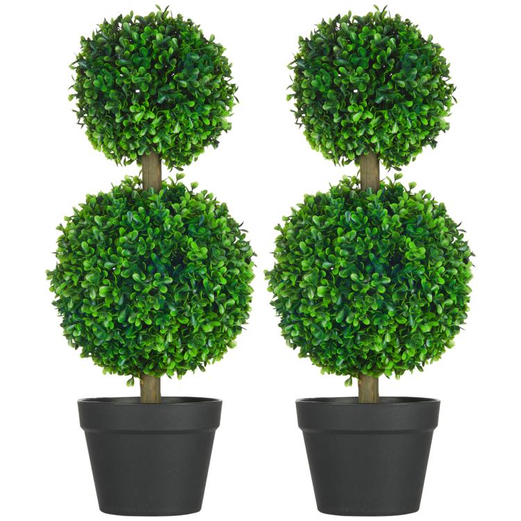 Set of two artificial boxwood ball topiary trees in black pots with green foliage