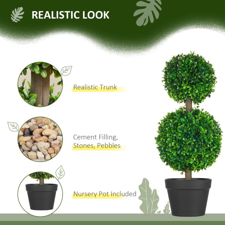 Artificial boxwood double-ball topiary tree in black pot with dense green leaves