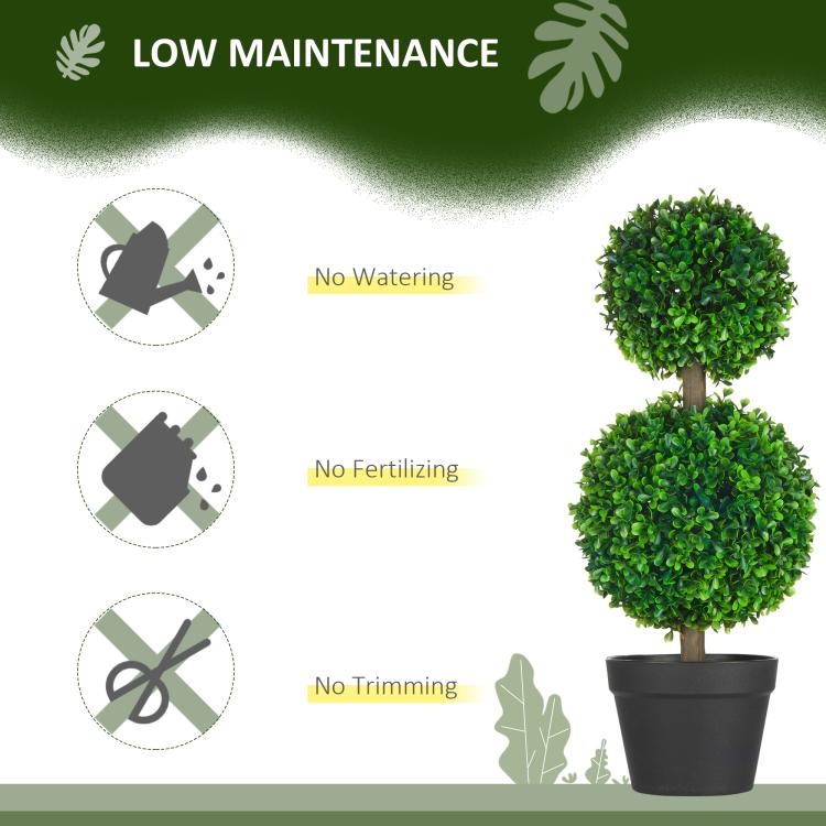 Artificial boxwood double-ball topiary tree in black pot with dense green foliage