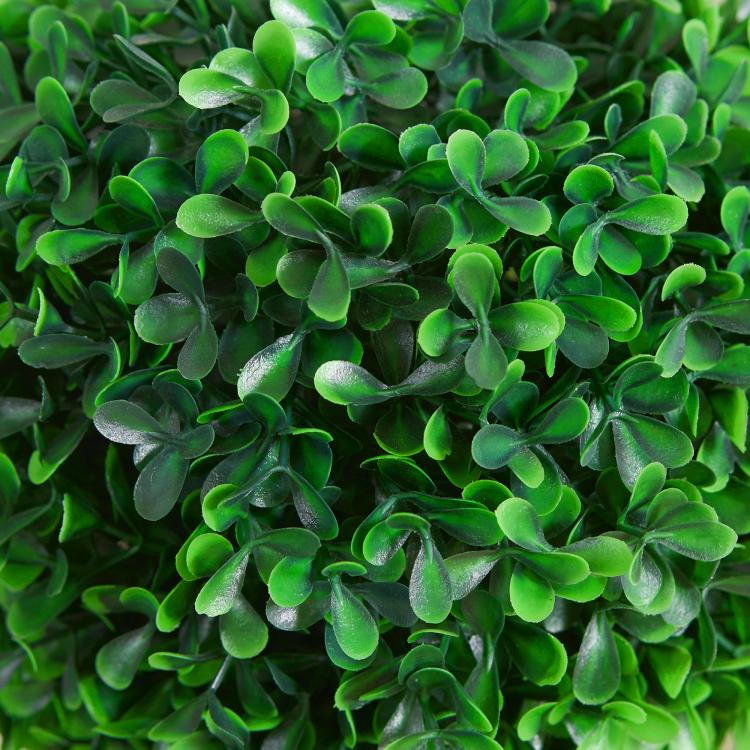 Artificial boxwood ball topiary leaves close-up of glossy bright green leaf clusters