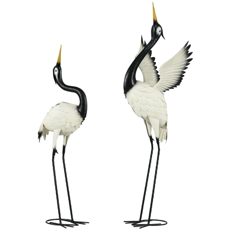 Set of 2 metal heron garden sculptures, black necks and white feather bodies on stands