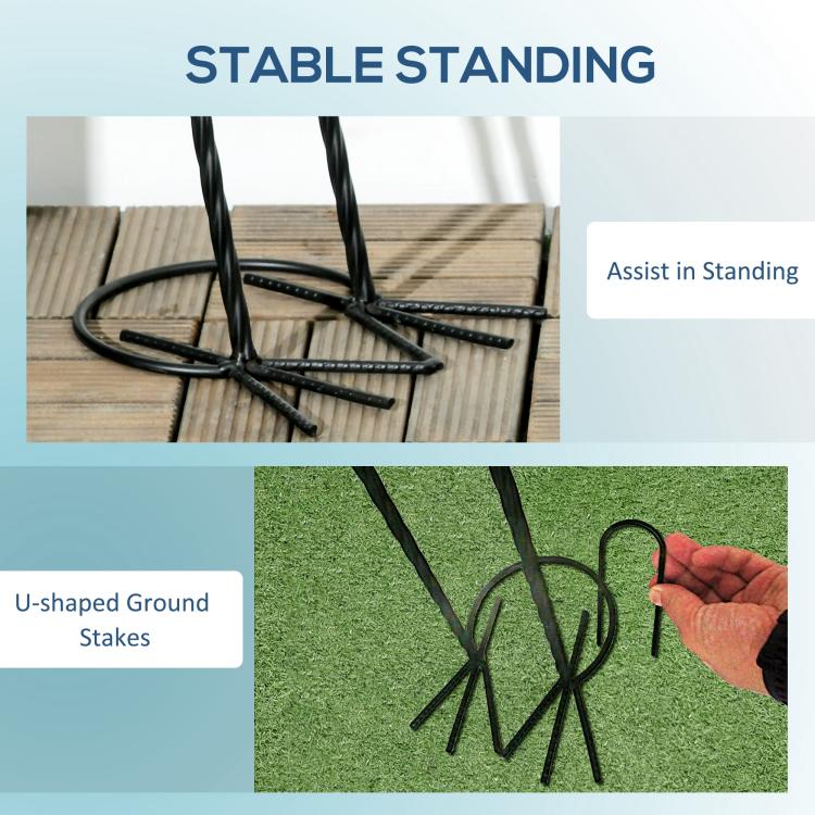 Metal heron statue bases with U-shaped ground stakes for stability