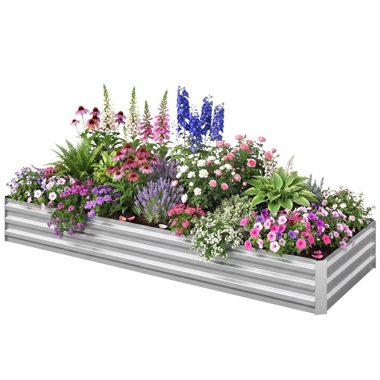 Silver galvanized raised garden bed filled with colorful flowers and greenery