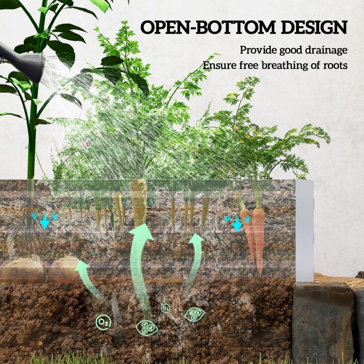 Open-bottom galvanized planter bed cross-section showing drainage for plants