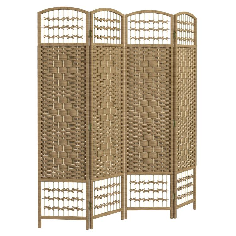 4-panel folding room divider with woven natural fiber panels and arched top