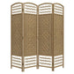 Four-panel folding privacy screen with woven natural fiber and arched lattice tops