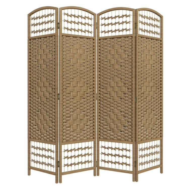Four-panel folding privacy screen with woven natural fiber and arched lattice tops