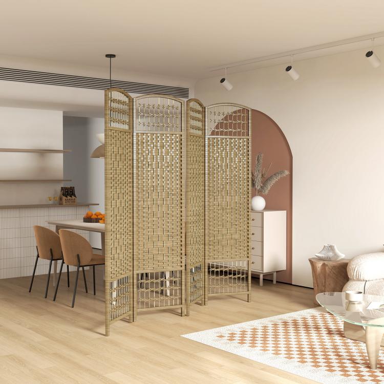 Woven natural fiber folding room divider with arched panels for room privacy