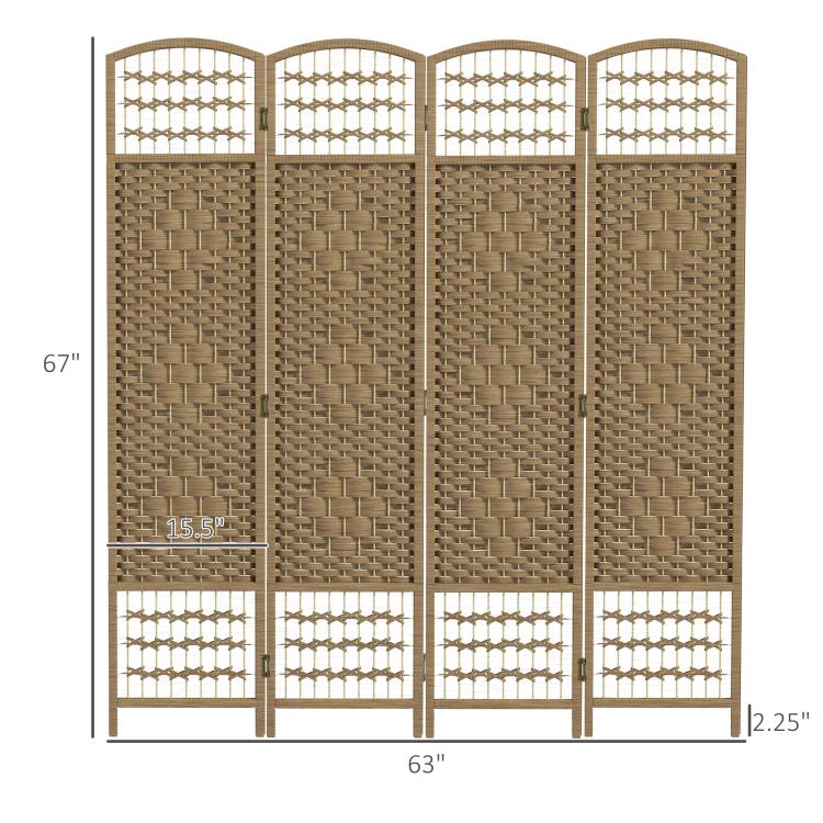 Measured view of 4-panel folding room divider with woven natural fiber panels