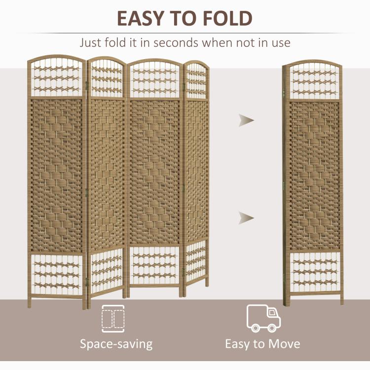Foldable 4-panel privacy screen with woven natural fiber panels and arched tops