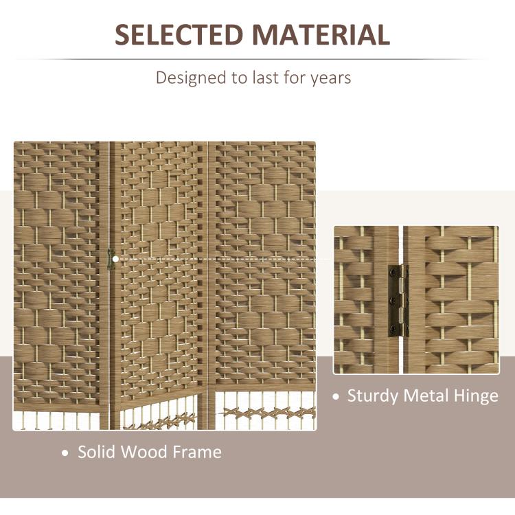 Close-up of woven privacy screen with solid wooden frame and metal hinge