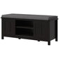 Black entryway shoe storage bench with gray cushioned top and side doors