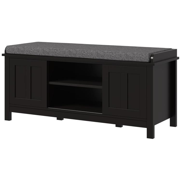 Black entryway shoe storage bench with gray cushioned top and side doors