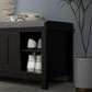 Black shoe storage bench with gray cushioned top, open cabinet for storing shoes