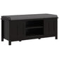 Black shoe storage bench with gray cushioned top and two front cabinet doors