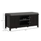 Black shoe storage bench with gray cushion and open center storage shown with measurements
