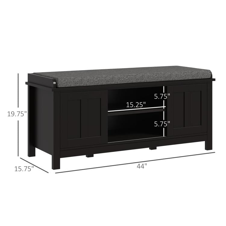 Black shoe storage bench with gray cushion and open center storage shown with measurements