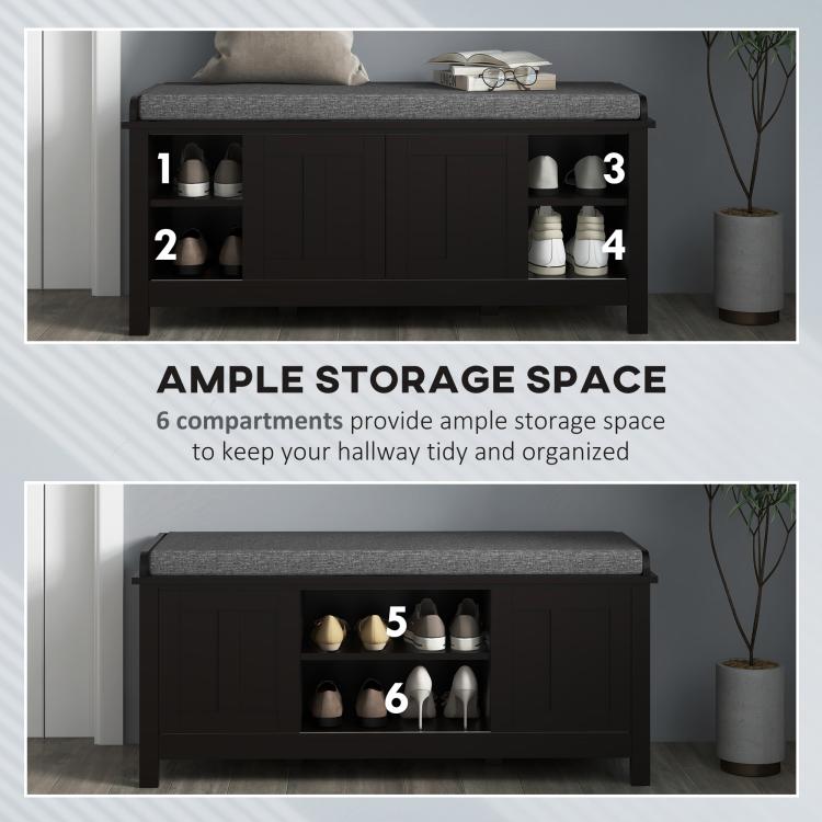 Black shoe storage bench interior view with numbered compartments and cushioned top