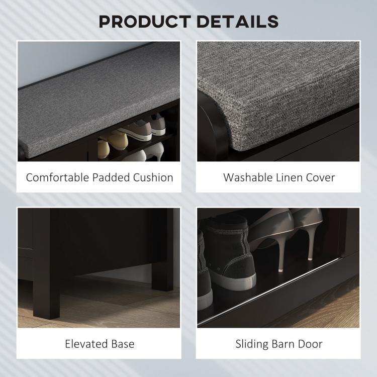 Shoe storage bench details: padded cushion, linen cover, sliding doors, elevated base