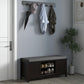 Black shoe storage bench with gray cushion and open shelf with shoes