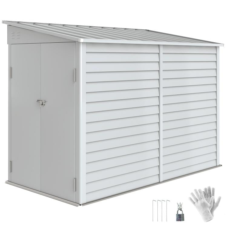 White metal outdoor storage shed with single door and louvered side panels