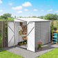 White metal outdoor storage shed with double doors closed and louvered side wall
