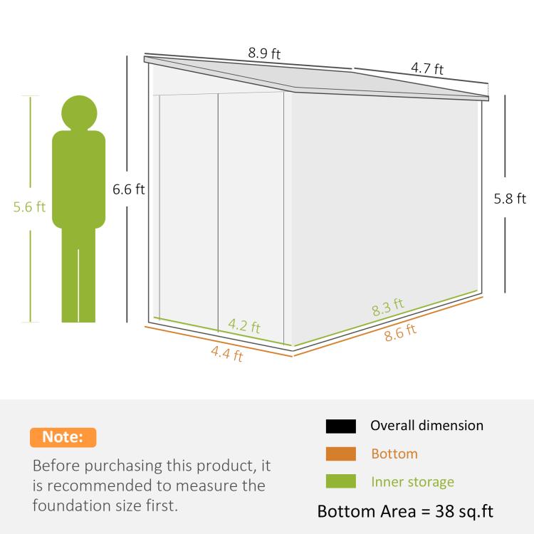 Outdoor storage shed measurement diagram showing overall and bottom dimensions