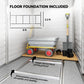 White metal shed floor foundation inside, with tray panels and corner hardware