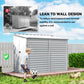 White lean-to metal storage shed with slanted roof and side shutter panels