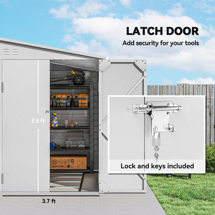 Lean-to metal storage shed with latch door and lock with keys