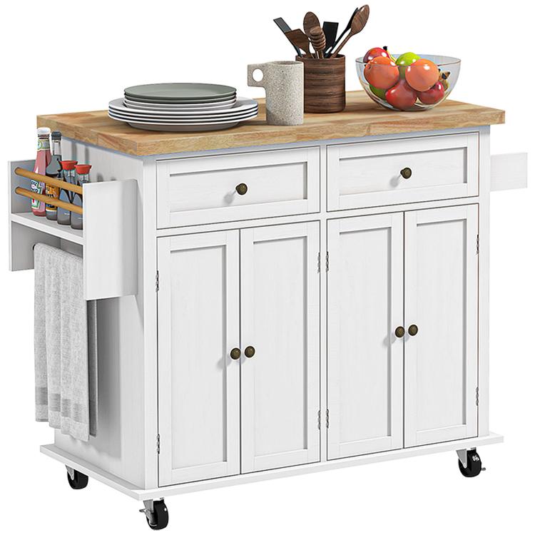 Rolling kitchen island cart with distressed white cabinets and wood worktop, spice rack, drawers