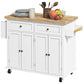 Rolling kitchen island cart in distressed white with wood top, two drawers, and cabinet doors