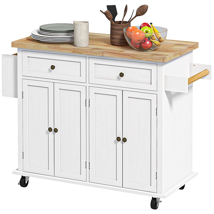 Rolling kitchen island cart in distressed white with wood top, two drawers, and cabinet doors