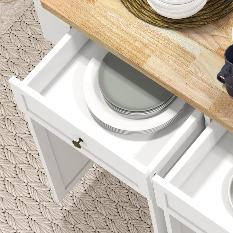 Distressed white kitchen island cart with drawer, wood top and open shelf, lower cabinet
