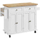 Distressed white rolling kitchen island cart with wood top, drawers, paneled cabinet doors