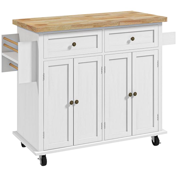 Distressed white rolling kitchen island cart with wood top, drawers, paneled cabinet doors