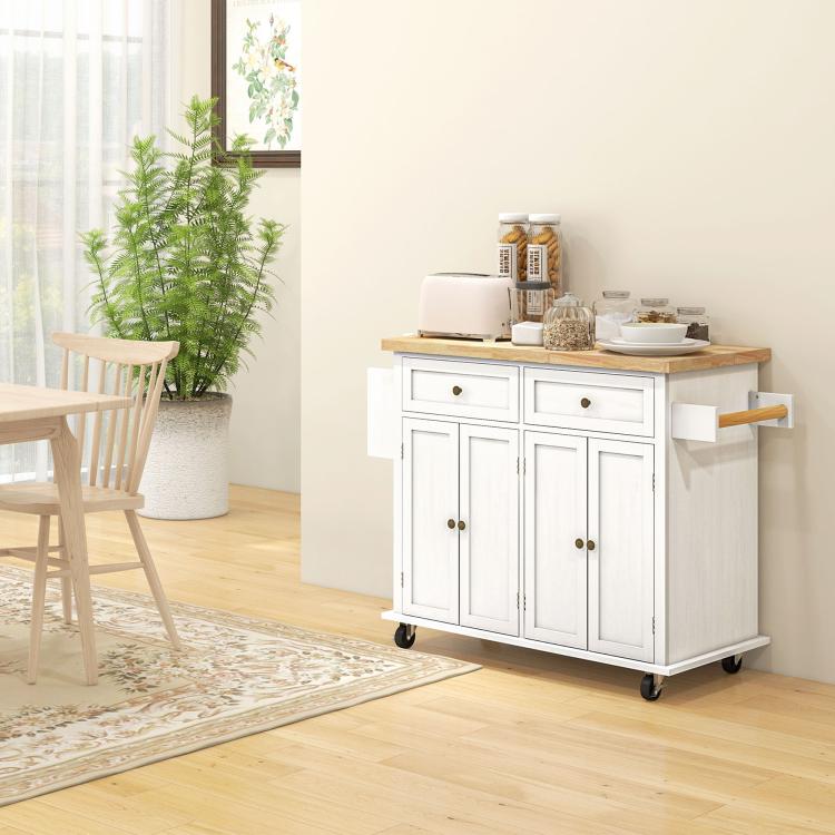 Distressed white rolling kitchen island cart with wood top, cabinet doors, and side pull-out rack