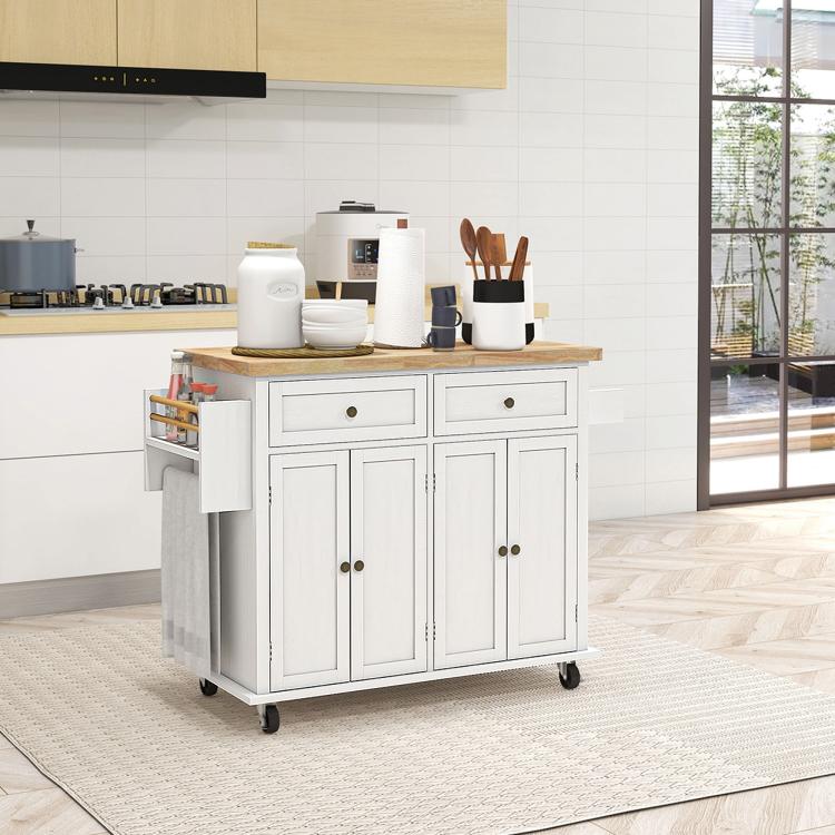 White rolling kitchen island cart with wood top, drawers, and open cabinet storage area