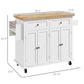Rolling kitchen island cart with wood worktop and distressed white cabinet doors and drawers