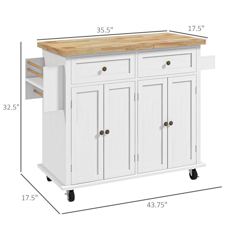 Rolling kitchen island cart with wood worktop and distressed white cabinet doors and drawers