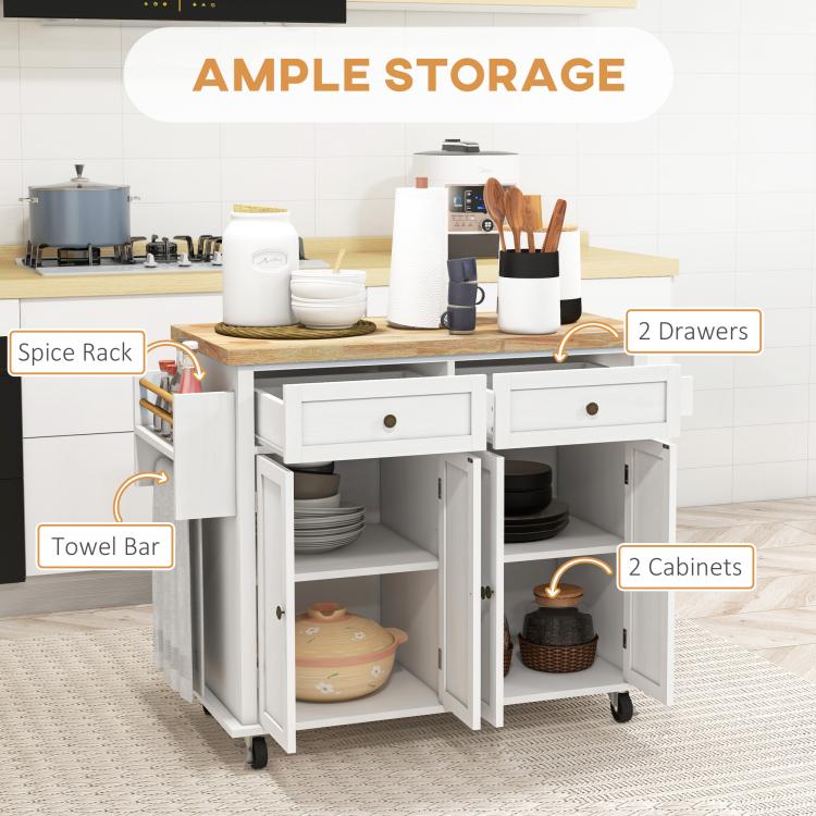 Rolling kitchen island cart showing spice rack, towel bar, drawers, and cabinet storage