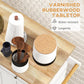 Wood worktop with textured rubber table mat surface on distressed white kitchen cart