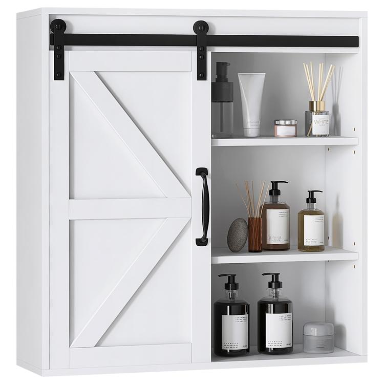 White bathroom medicine cabinet with sliding door open, exposed shelves inside